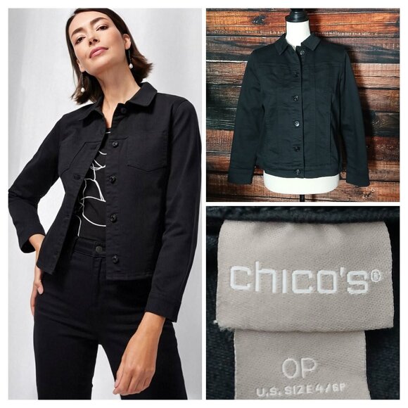 Chico's Jacket Size 0P Small Petite Black Denim Stretch Button Front Pockets - Picture 1 of 9